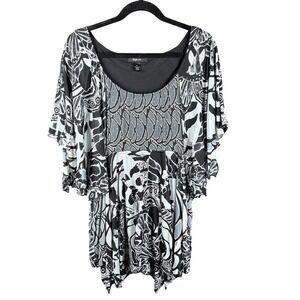 Style & Co Blouse Womens Size M Black White Butterfly Print Rhinestone Beaded